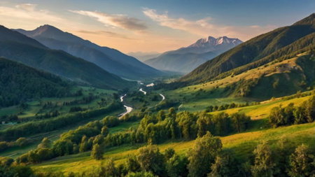 Beautiful mountain landscape. Panoramic view of the mountains and the river.の写真素材