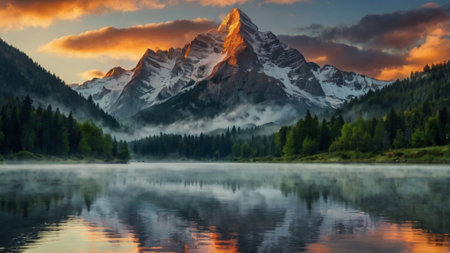 Matterhorn and lake in the Swiss alps at sunrise.