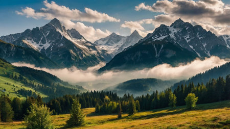 Beautiful alpine landscape with snow-capped peaks in the clouds
