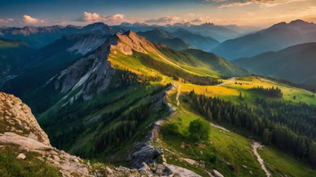 Panoramic view of the mountain valley at sunset. Dolomites, Italy