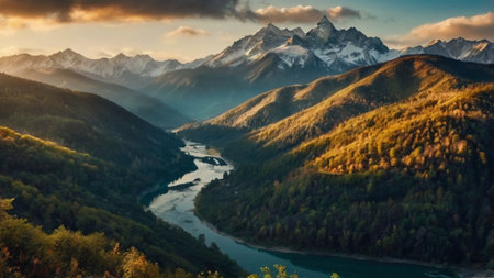 Beautiful mountain landscape. Panoramic view of the river and mountains.の写真素材