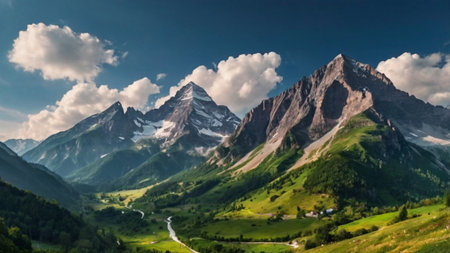 Panoramic view of the mountain range in the Swiss Alps.の写真素材