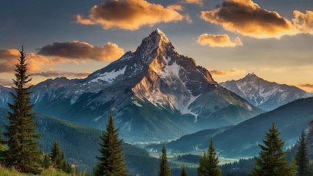 Sunset in the mountains. View of the Matterhorn peak.