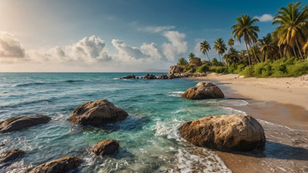 Panorama of beautiful tropical beach with granite rocks and coconut palm treesの写真素材