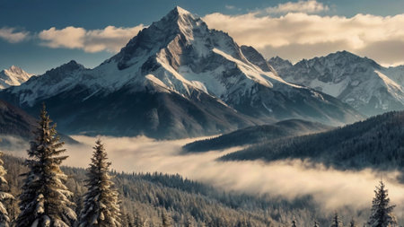 Beautiful winter landscape with snow-capped mountains in the cloudsの写真素材