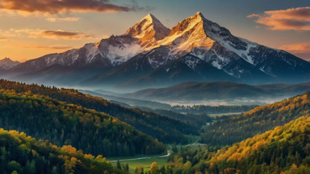 Panoramic view of mount Matterhorn at sunrise, Zermatt, Switzerlandの写真素材
