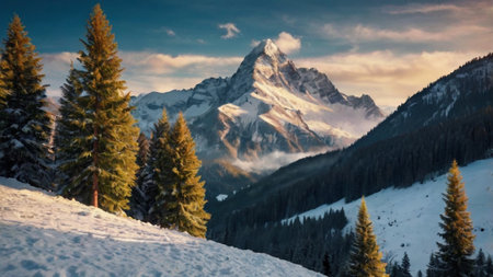 panoramic view of snow covered alpine peaks in the Swiss Alpsの写真素材