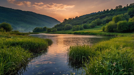 Sunset on the river in the Carpathians, Ukraine.