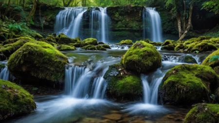 Beautiful waterfall in the green forest, long exposure. Selective focus.