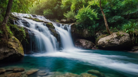 Beautiful waterfall in tropical forest, Thailand. Nature landscape background.の写真素材