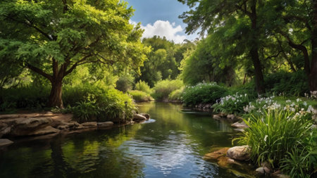 Beautiful spring garden with river and green trees in a sunny dayの写真素材