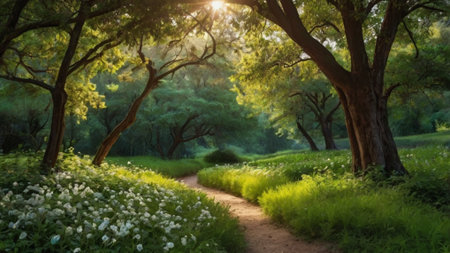 Beautiful spring landscape in the forest. Path through the trees.の写真素材