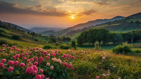 Beautiful summer landscape with pink roses.の写真素材