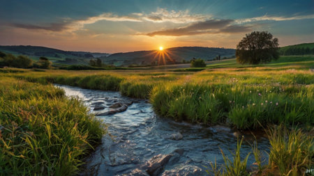 Sunset over a small river in the Tuscany, Italyの写真素材