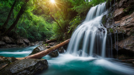 beautiful waterfall in the forest, panoramic view, long exposure