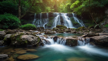 Beautiful waterfall in the forest at Erawan Waterfall, Kanchanaburi, Thailandの写真素材