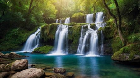 Beautiful waterfall in deep forest. Panoramic view of waterfall in deep forest.