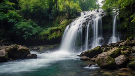 Beautiful waterfall in deep forest at Erawan waterfall National Park, Kanchanaburi, Thailand