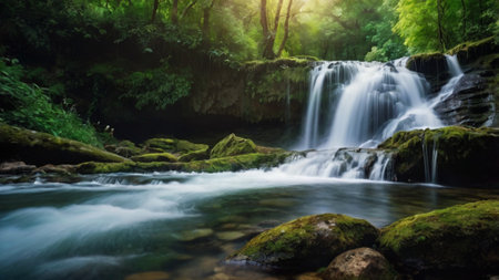 Waterfall in deep forest at Erawan waterfall National Park, Kanchanaburi, Thailand
