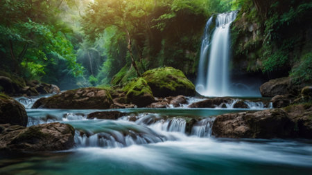 Beautiful waterfall in tropical forest. Waterfall in deep forest.