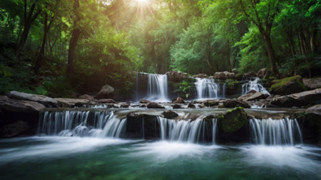 Beautiful waterfall in the forest with sunlight in the morning,Thailandの写真素材