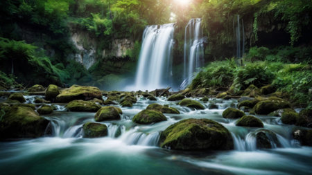 Beautiful waterfall in deep forest. Long exposure photo of beautiful waterfall.の写真素材