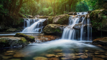 waterfall in deep forest at Phu Kradueng National Park, Loei, Thailandの写真素材