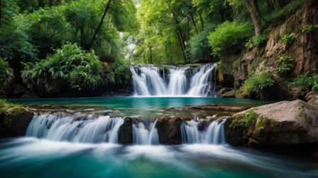 Beautiful waterfall in deep forest at Erawan National Park, Kanchanaburi, Thailandの写真素材