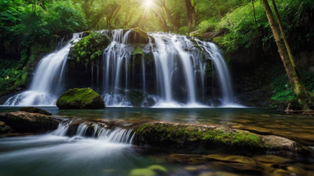 Beautiful waterfall in deep forest at Kanchanaburi province, Thailandの写真素材