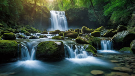 Waterfall in deep forest at Phu Kradueng National Park, Loei, Thailandの写真素材