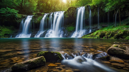 Beautiful waterfall in the forest at sunrise. Long exposure shot.の写真素材
