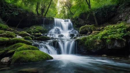 Beautiful waterfall in the green forest. Panoramic view.