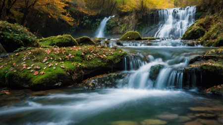 Beautiful waterfall in autumn forest. Beautiful nature scene. Long exposure photo.