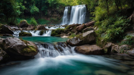 Waterfall in deep forest at Kanchanaburi province, Thailandの写真素材