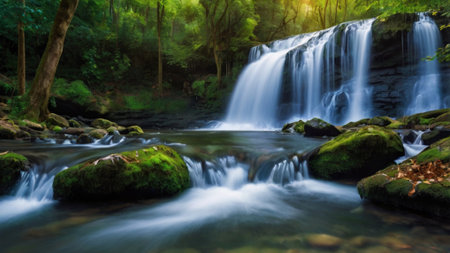 Beautiful waterfall in deep forest of Erawan waterfall National Park, Kanchanaburi, Thailand