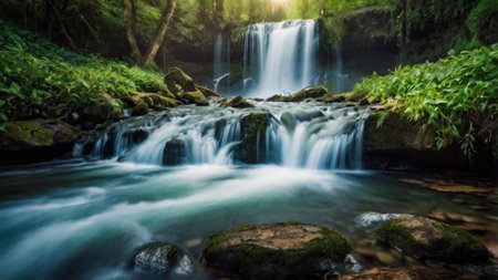 Beautiful waterfall in deep rain forest jungle. Thailand. Long exposure.