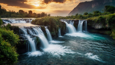 Beautiful waterfall at sunset in Krka National Park, Croatia.の写真素材