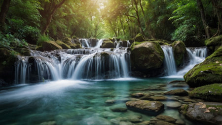 Deep forest Waterfall in Kanchanaburi province, Thailand.の写真素材
