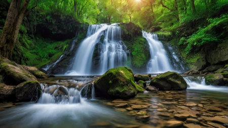 Beautiful waterfall in the forest. Panoramic view of a waterfall in the forest.
