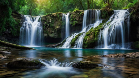 Beautiful waterfall in deep forest at Erawan waterfall National Park, Kanchanaburi, Thailandの写真素材
