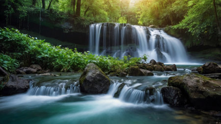 Beautiful waterfall in deep forest at Erawan waterfall National Park, Kanchanaburi, Thailandの写真素材