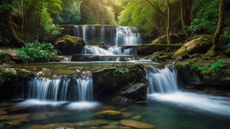 Beautiful waterfall in deep forest at Erawan waterfall National Park, Kanchanaburi, Thailand