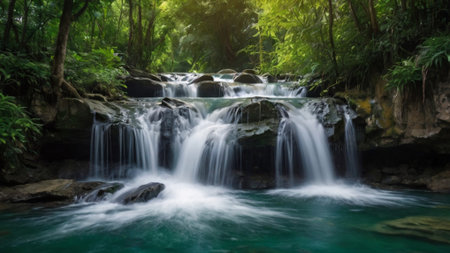 Beautiful waterfall in deep forest at Erawan waterfall National Park, Kanchanaburi, Thailand