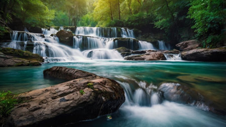 Beautiful waterfall in deep forest at Erawan waterfall National Park, Kanchanaburi, Thailandの写真素材