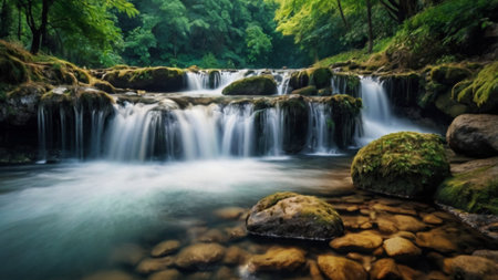 Beautiful waterfall in deep forest. Long exposure of waterfall in deep forest.の写真素材