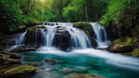 Waterfall in deep forest, Erawan Waterfall, Kanchanaburi, Thailandの写真素材
