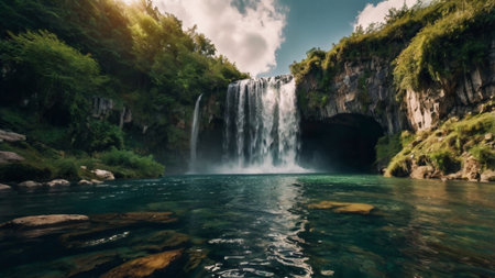 Waterfall in the forest. Waterfall in the mountains. Beautiful landscape.