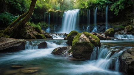 Beautiful waterfall in green forest, long exposure. Long exposure.