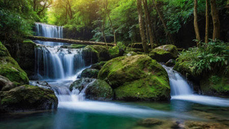 Waterfall in deep forest at Kanchanaburi province, Thailandの写真素材