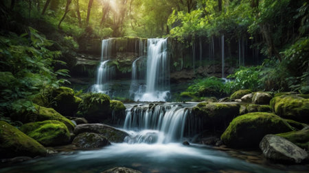 Beautiful waterfall in deep forest at Phu Kradueng National Park, Loei, Thailandの写真素材